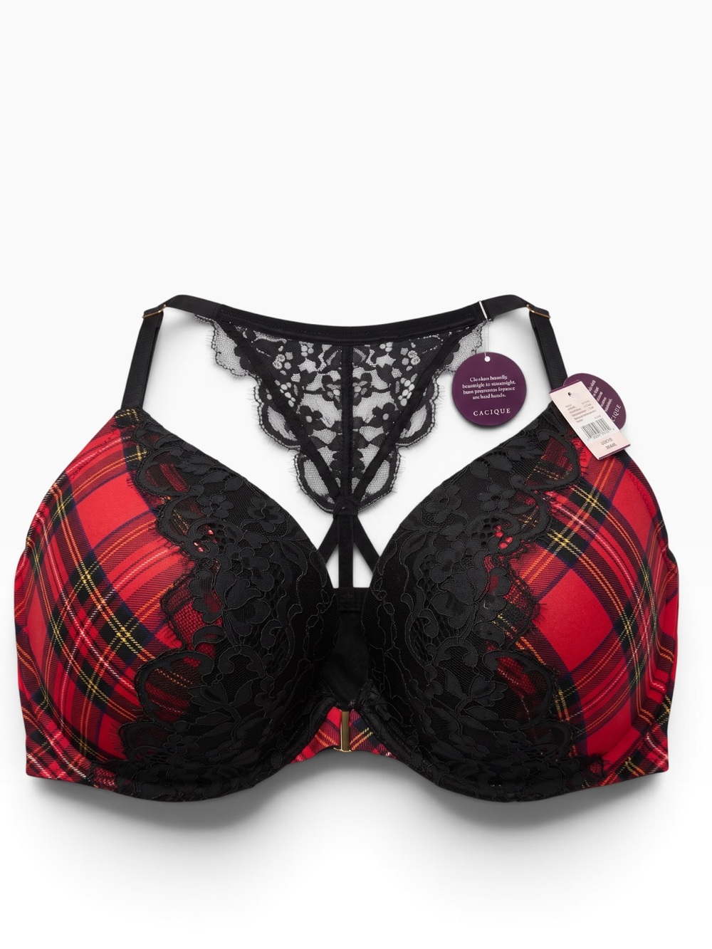 Cacique Boost Plunge Tartan Plaid Lace-Trim Push-Up Bra Lace Back - Red